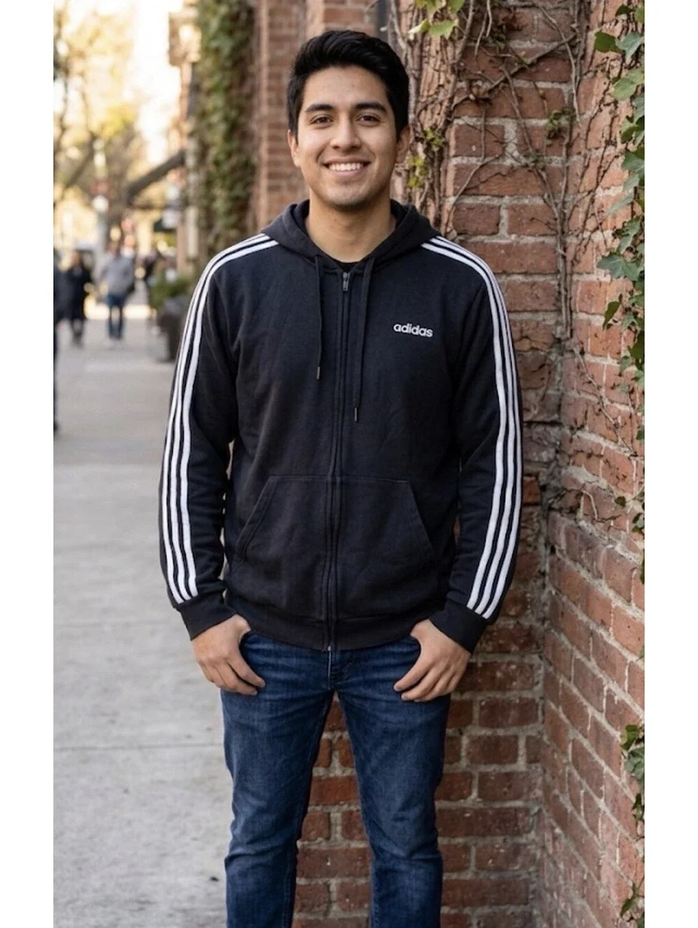 Adidas Essentials Men's 3-Stripes Full-Zip Fleece Hoodie Black White Size XL